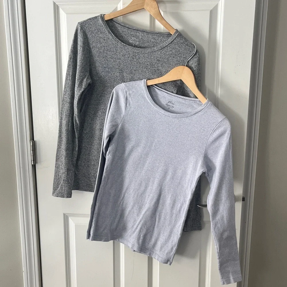 J. Crew Perfect Tee set 2 lilac and Gray  Long Sleeve cotton crew neckTees